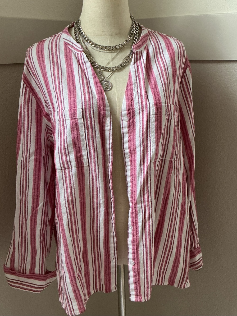 Nine West Pink and White Linen blend Striped Button-Down V-Neck Shirt - Picture 2 of 7